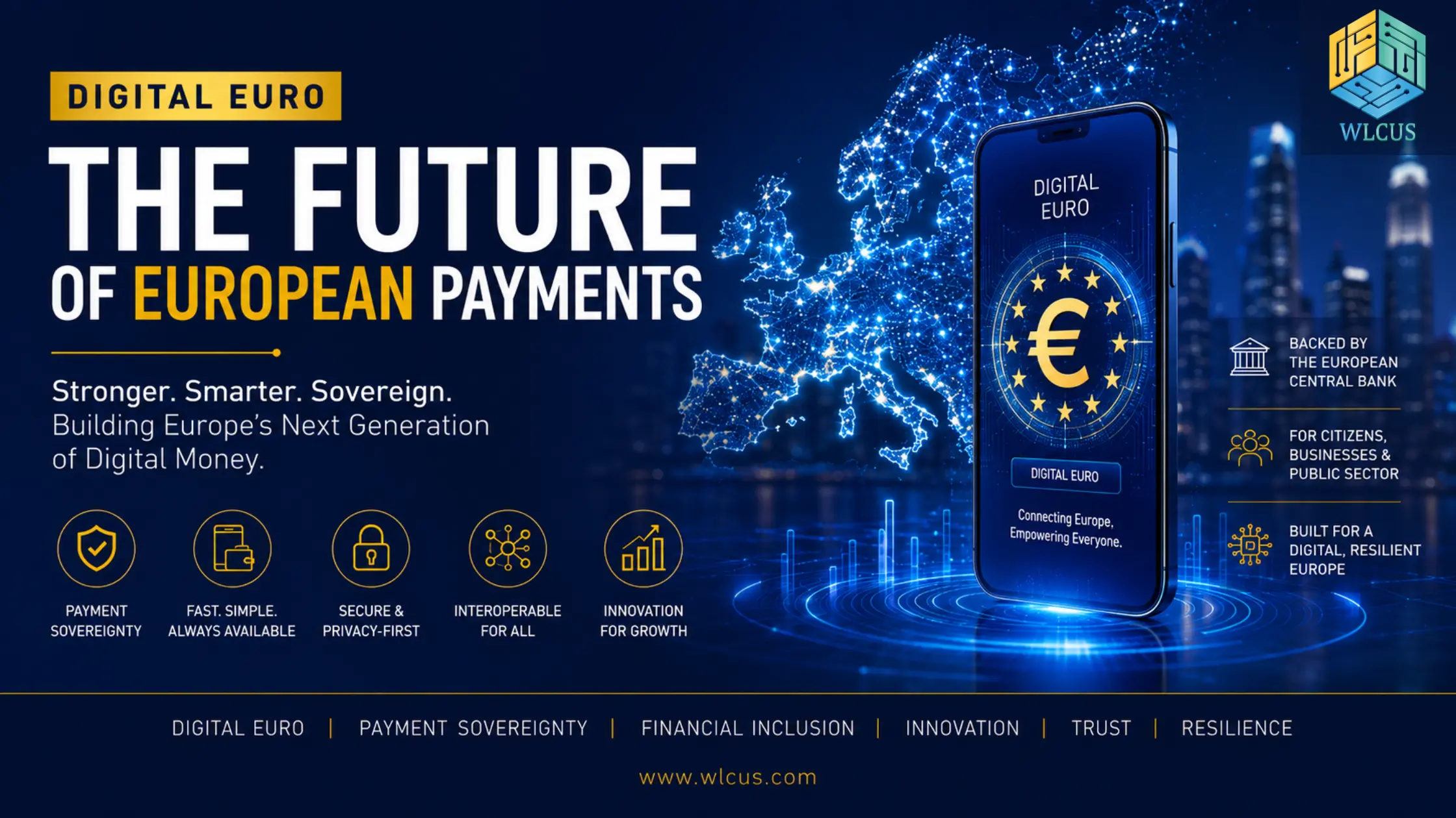 Digital Euro concept showing the future of European payments with ECB-backed central bank digital currency (CBDC) across Europe