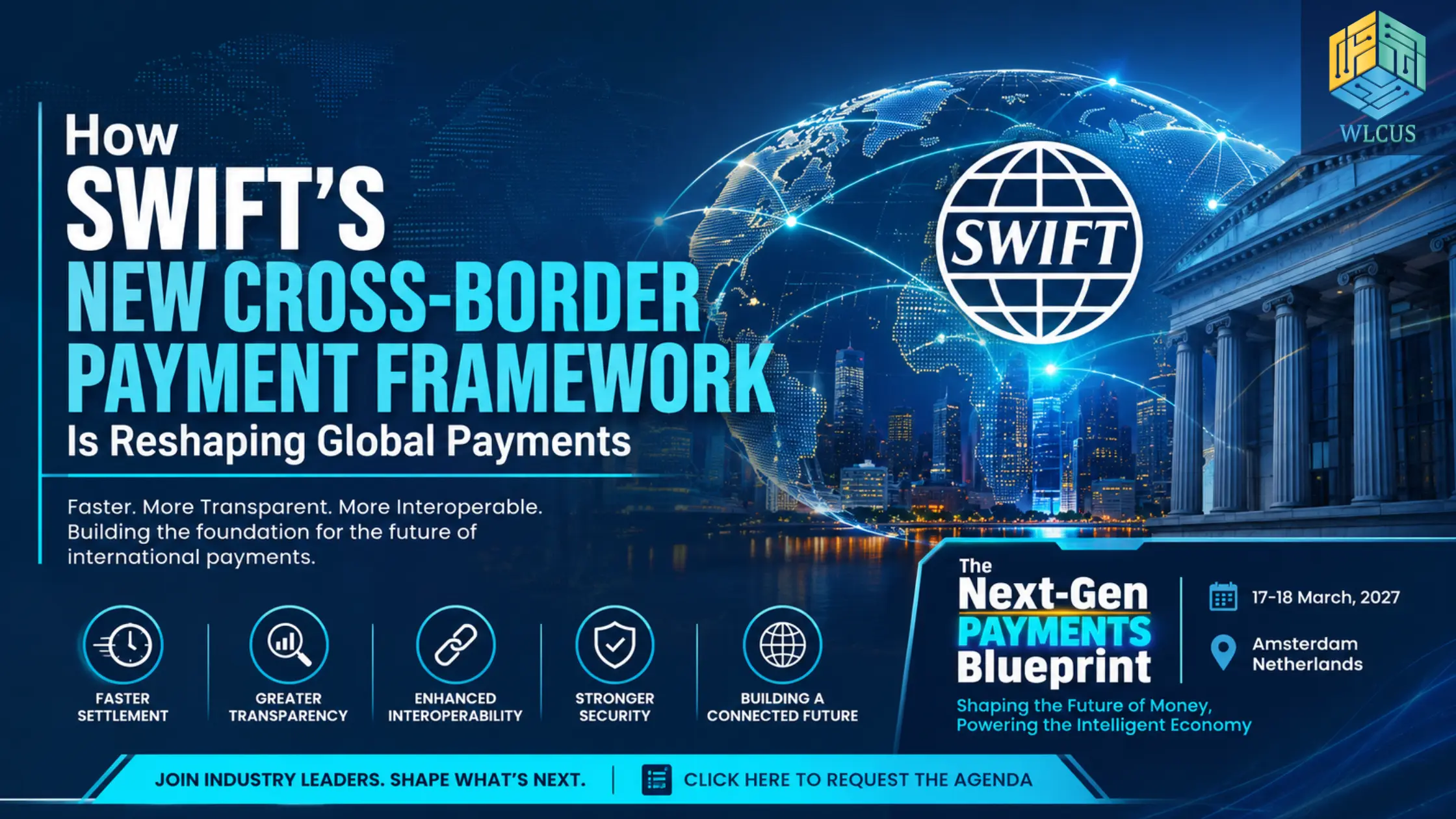 SWIFT's new cross-border payment framework transforming global payments with faster settlement, greater transparency, interoperability, and secure international banking infrastructure, featured alongside The Next-Gen Payments Blueprint Summit 2027.