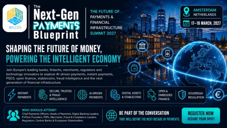 The Next-Gen Payments Blueprint Summit 2027 banner showcasing AI-driven payments, PSD3, Open Finance, instant payments, embedded finance, stablecoins, fraud intelligence, and financial infrastructure innovation in Amsterdam, Netherlands.