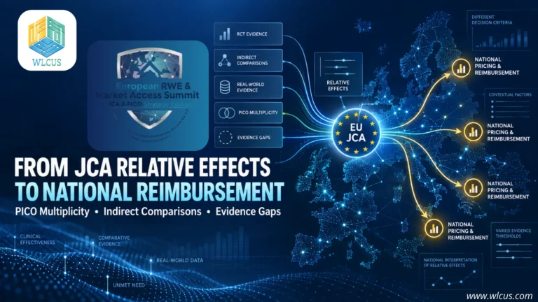 Technical illustration showing EU JCA evidence, PICO multiplicity, indirect comparisons and real-world evidence flowing into national pricing and reimbursement decisions across Europe.