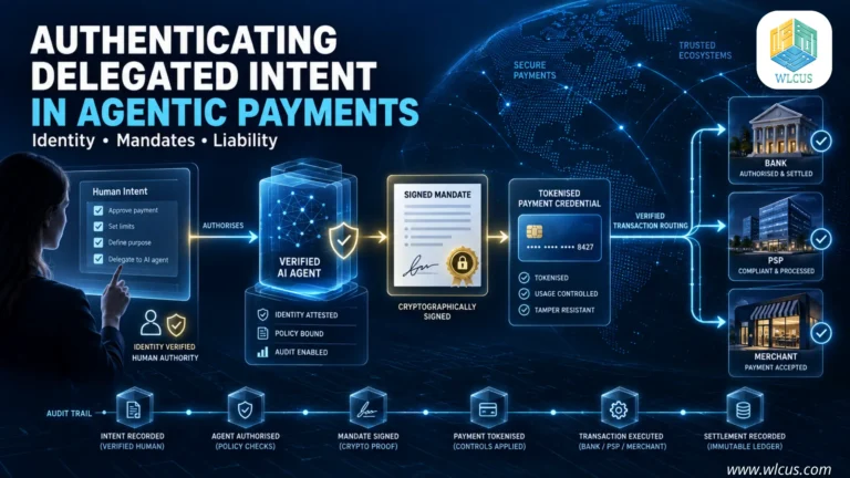 Technical illustration showing human intent delegated to a verified AI agent through a cryptographically signed mandate and tokenised payment credential, followed by verified execution across bank, PSP and merchant systems.