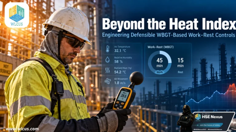 Industrial HSE worker using a WBGT monitor to manage occupational heat stress and determine a safe work-rest schedule.
