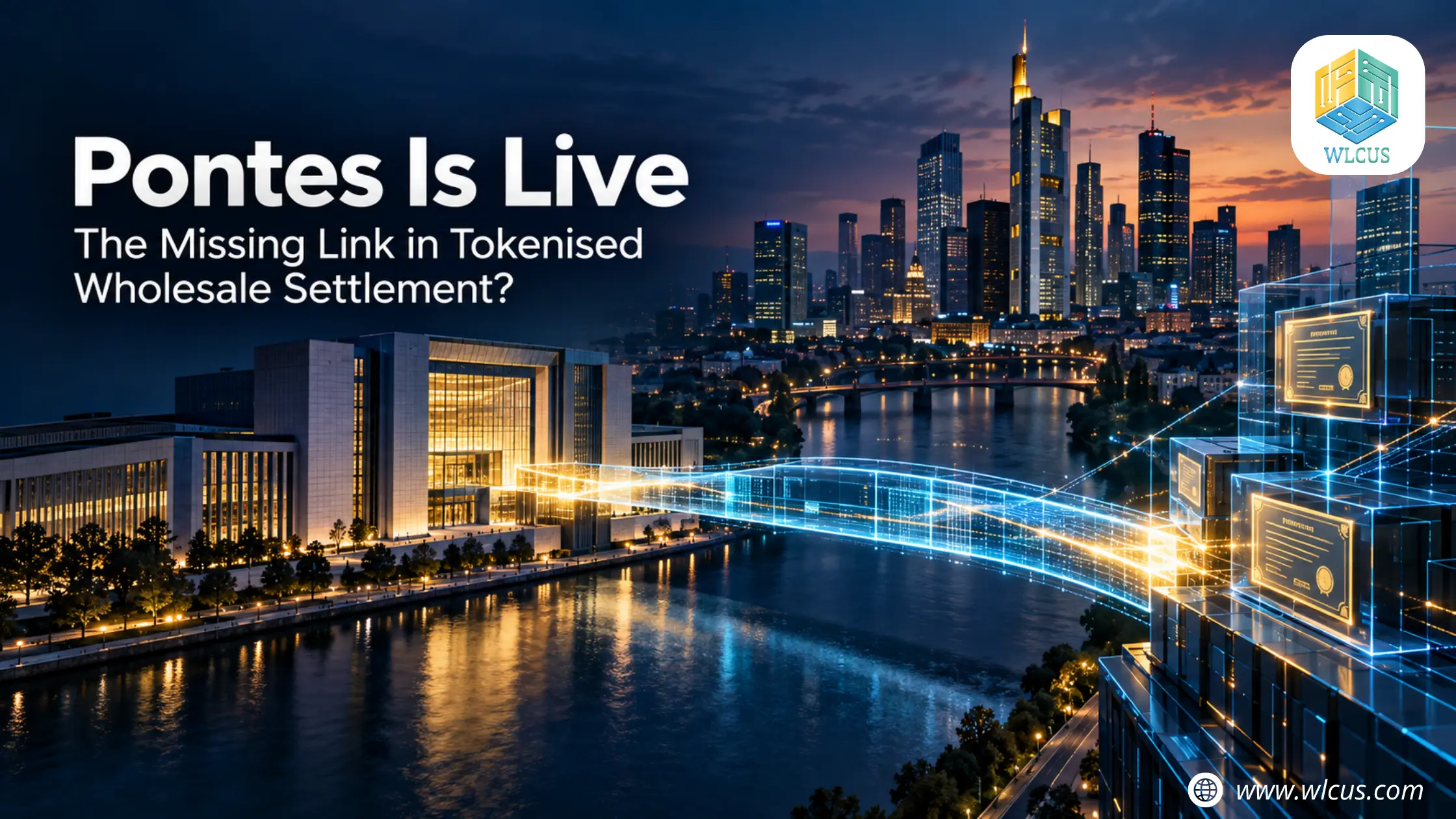 Digital bridge linking a financial institution to tokenised assets, beneath the headline Pontes Is Live