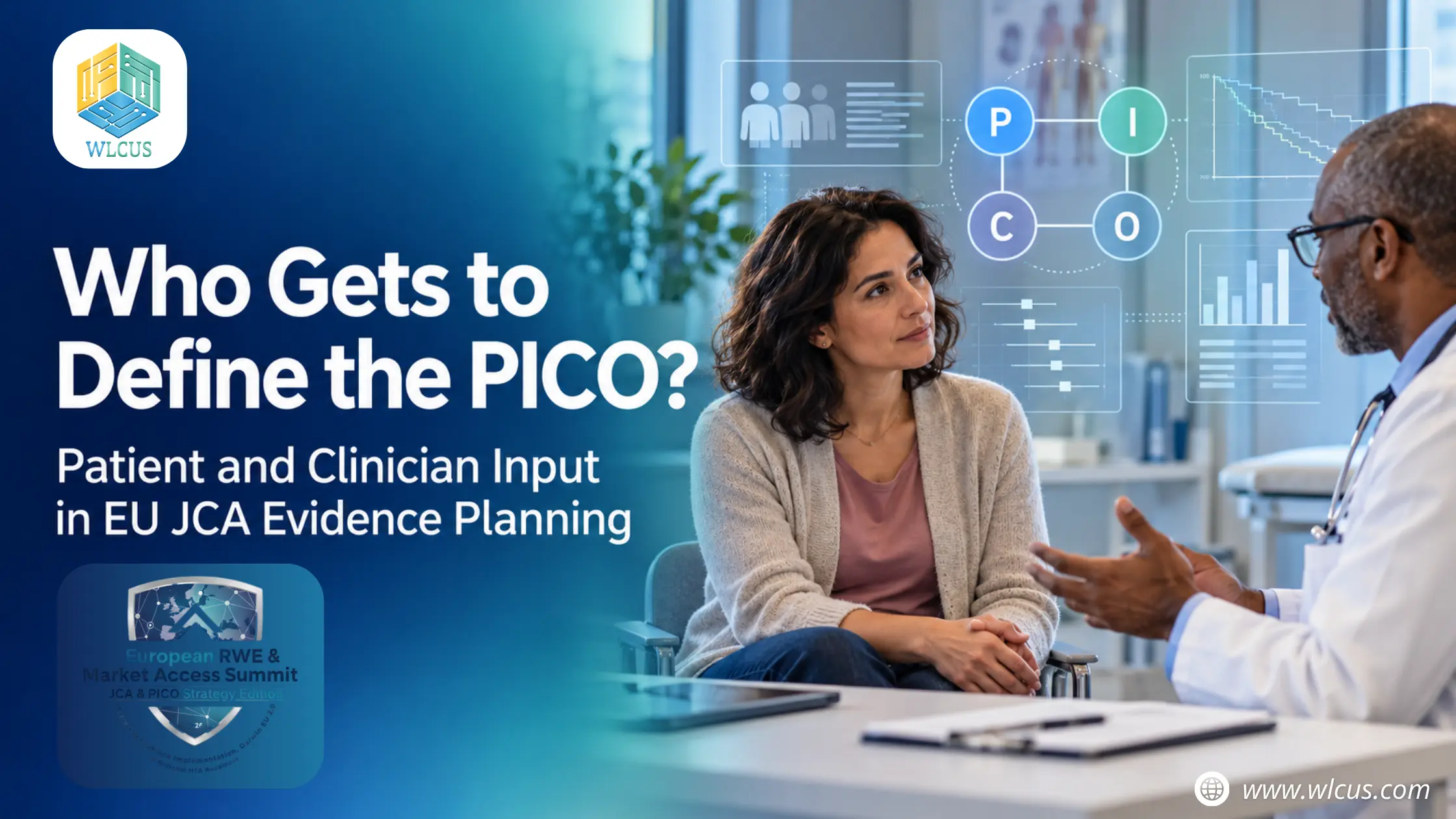 Patient and clinician discussing treatment evidence, with a PICO graphic beside the headline “Who Gets to Define the PICO?”