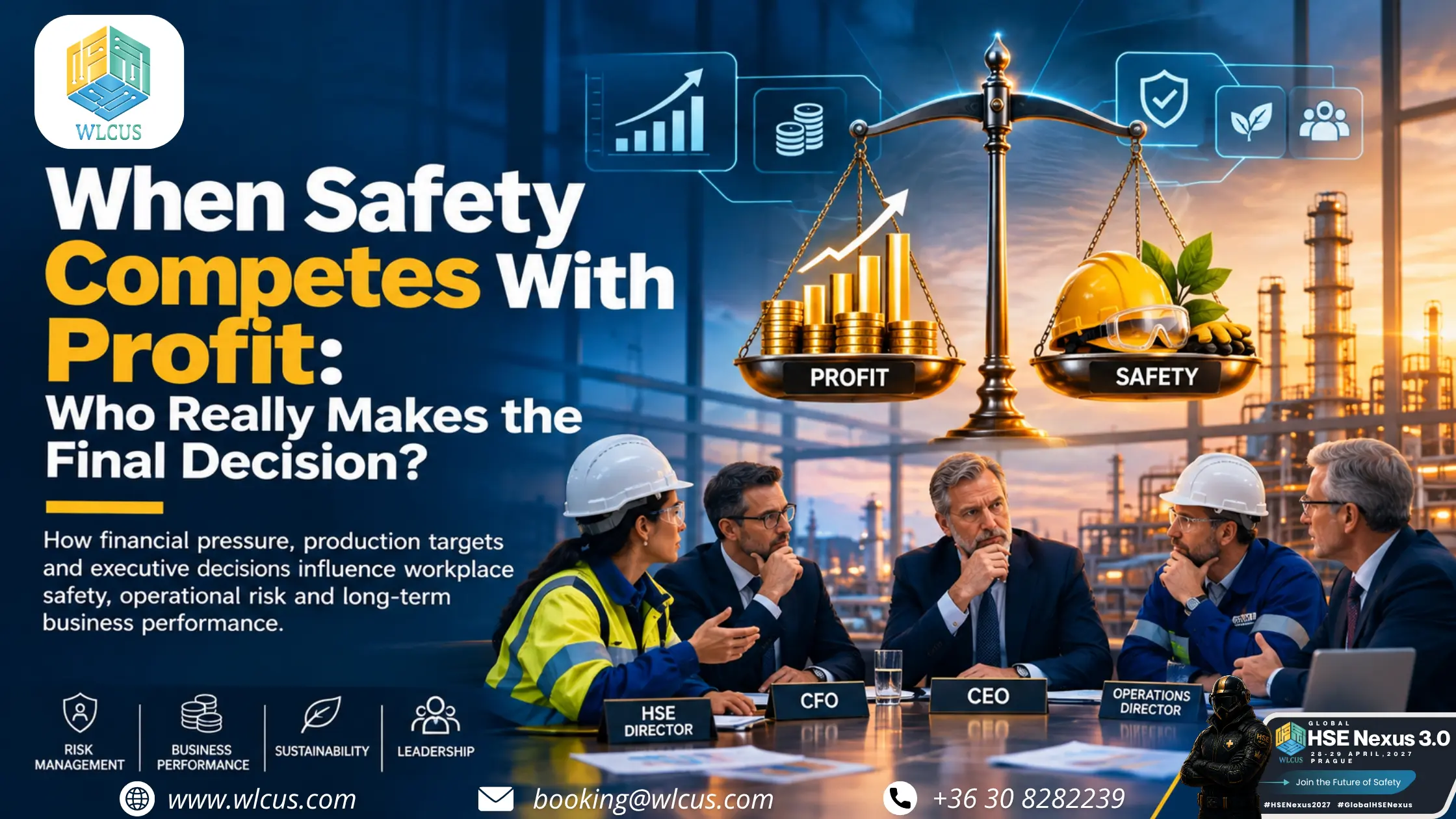 Safety vs profit in workplace risk management: HSE Director, CFO, CEO and Operations Director discussing safety investments and business decisions.