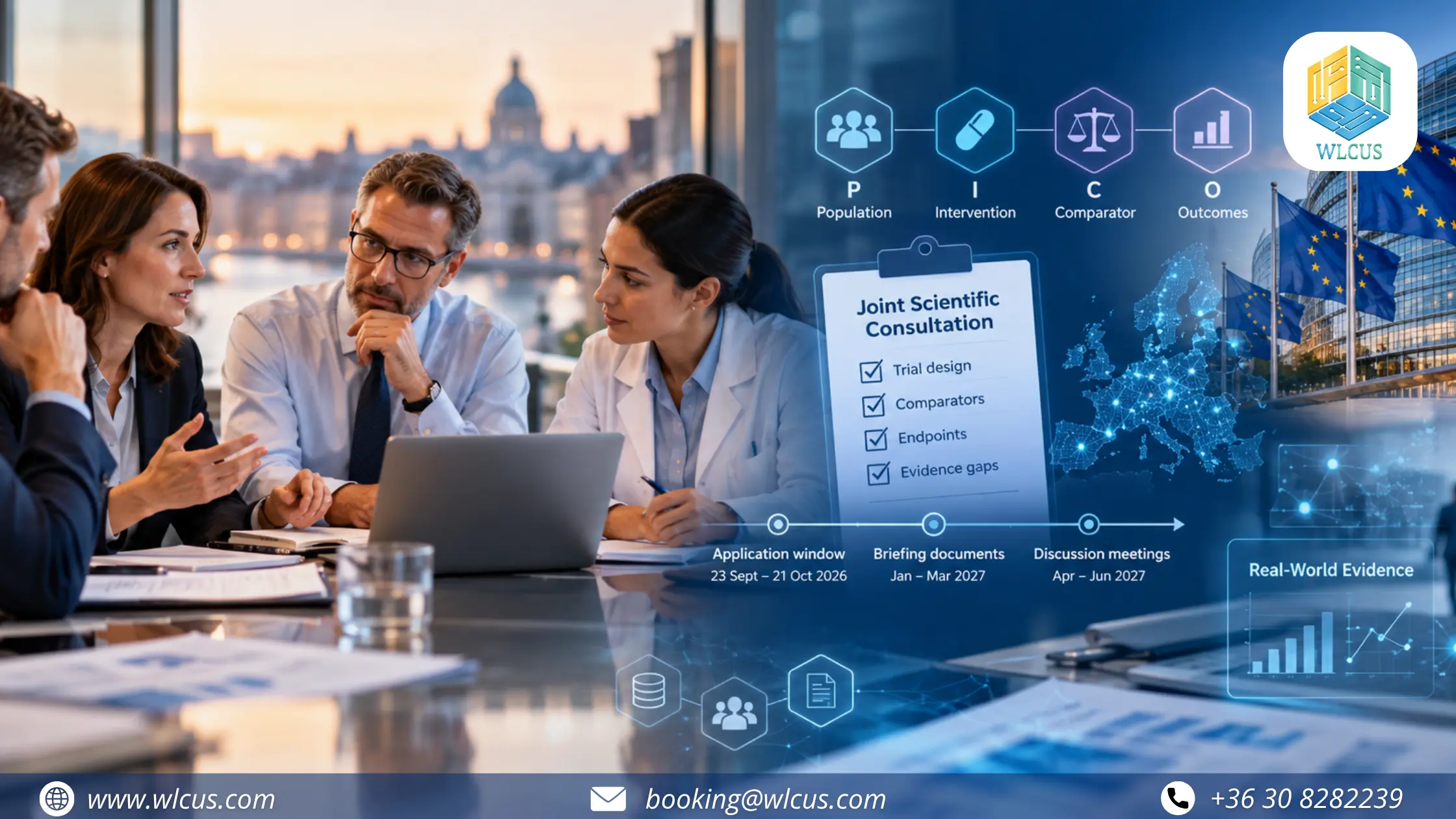 Pharmaceutical and HTA experts discussing EU-HTA 2026 Joint Scientific Consultation, PICO alignment, clinical trial design and Real-World Evidence.