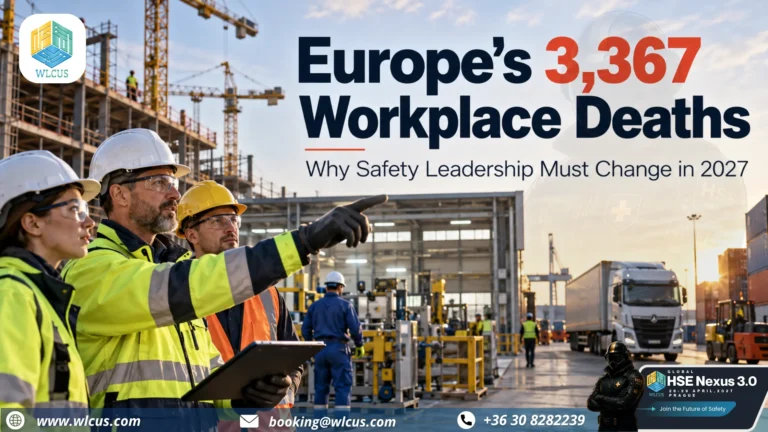 HSE safety leaders inspecting a European industrial construction and logistics site, highlighting 3,367 EU workplace deaths and SIF prevention in 2027.