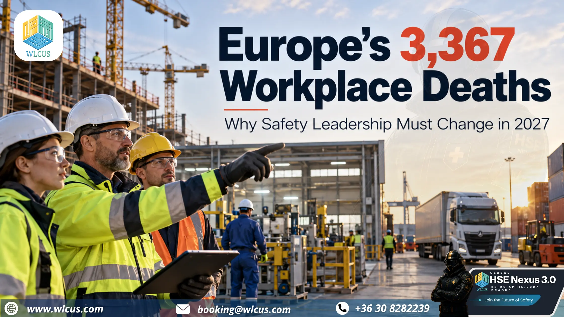 HSE safety leaders inspecting a European industrial construction and logistics site, highlighting 3,367 EU workplace deaths and SIF prevention in 2027.